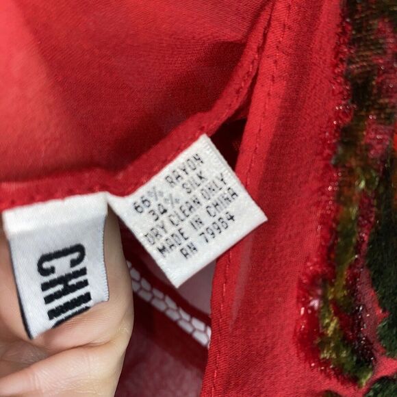 Chico's Red Silk Burnout Fringe Metallic Scarf - Picture 5 of 10